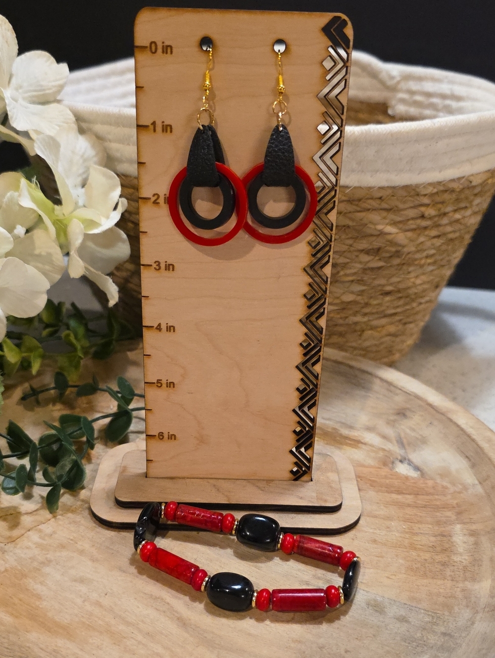 Black & Red Leather Drop Earrings - Stylish Hoop Accent With Matching Bracelet